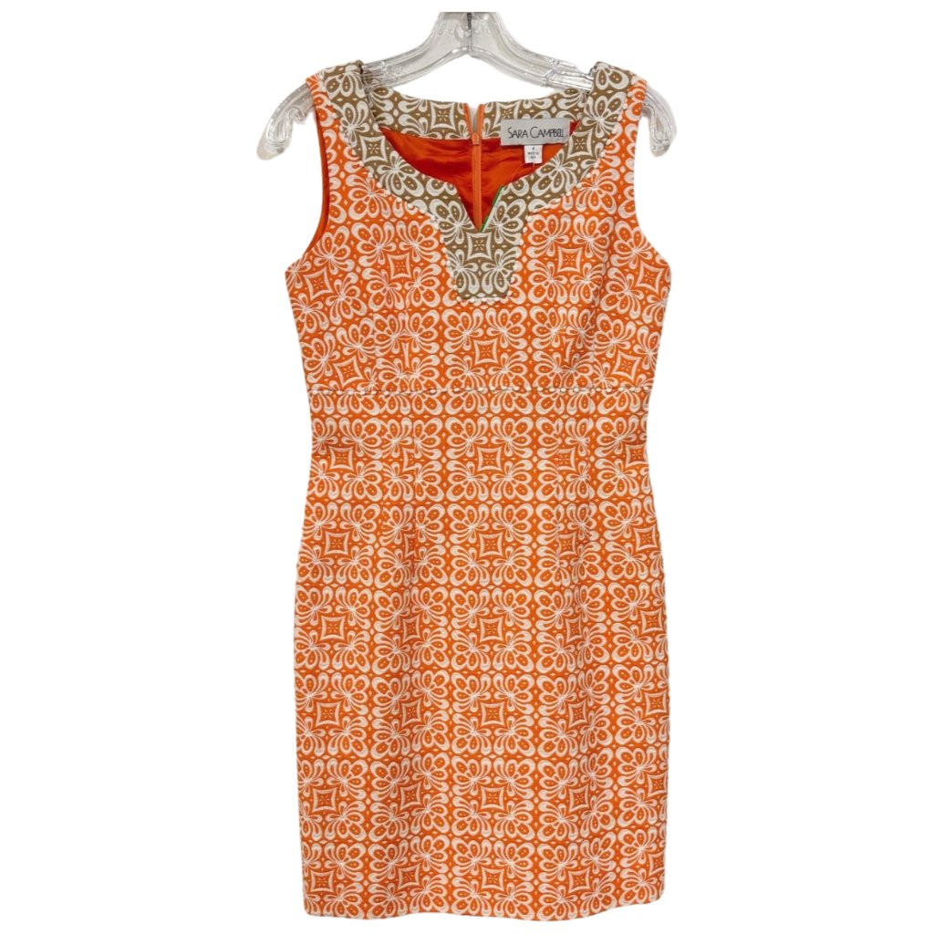 Sara Campbell Sleeveless Sheath Embroidered Print Dress Orange White Tan